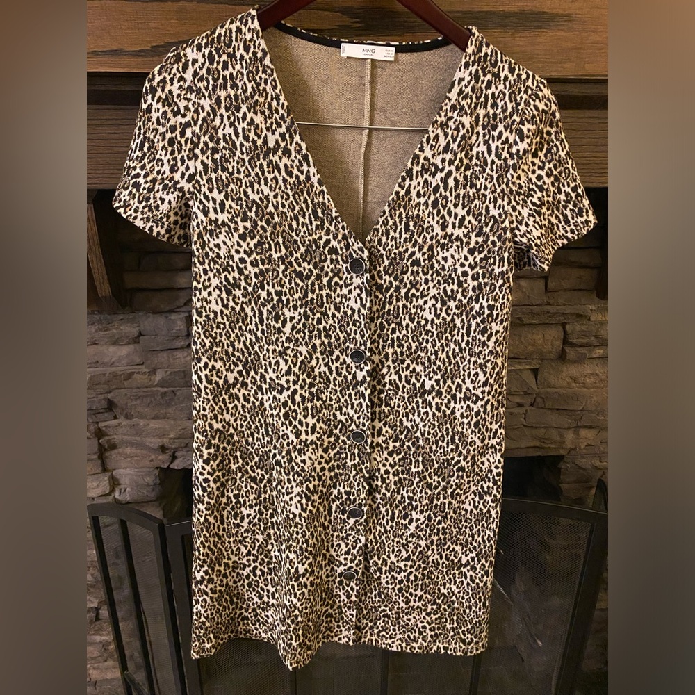 Mango MNG Leopard Animal Print Button Front Mini Shirt Dress Short Sleeves Sz 2